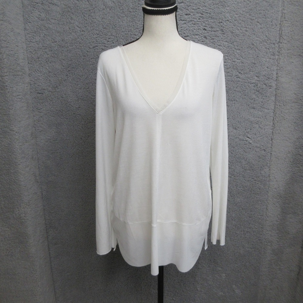 ZARA W&B Fine Knit Sweater Women M White V Neck Side Slit LIghtweight Minimalist